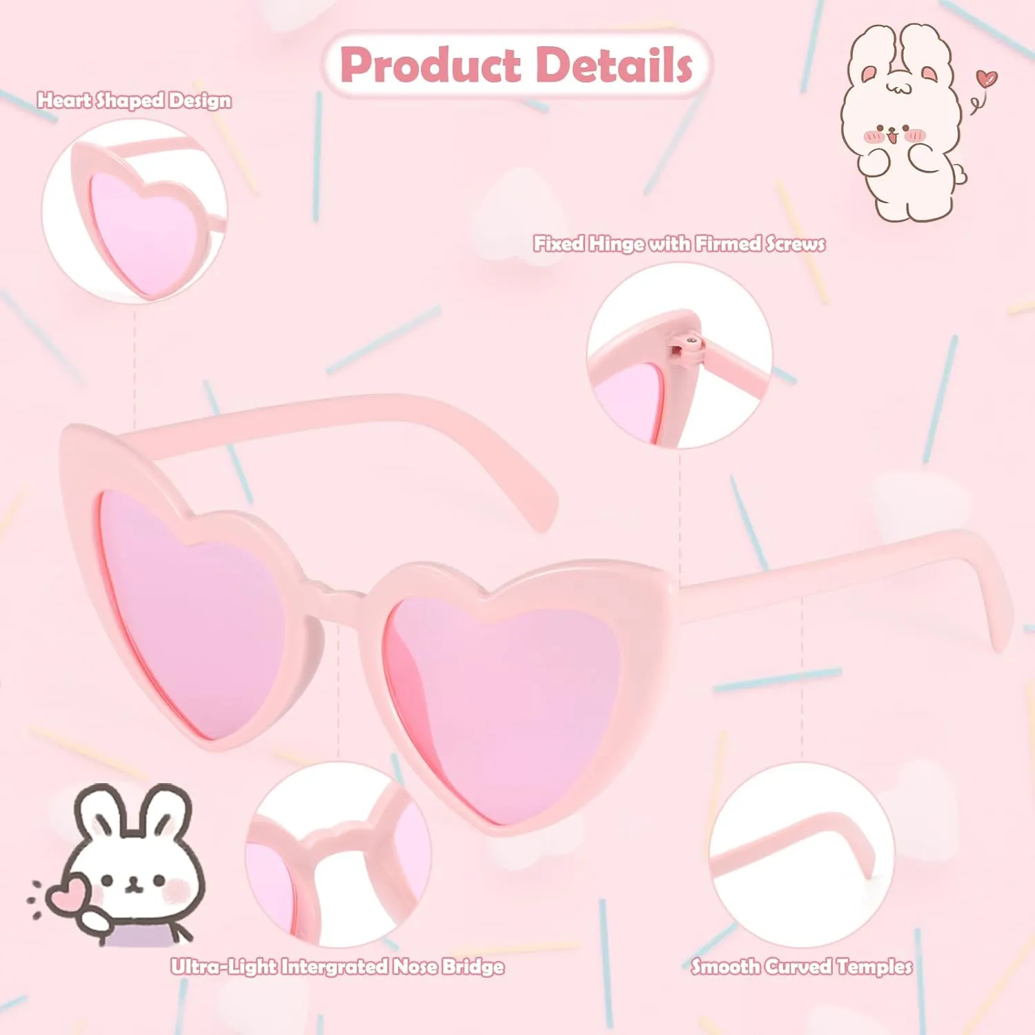 6 Pack Vintage Heart Sunglasses Cat Eye Love Shaped Sunglass for Women Girl Bulk Retro Cute Sun Glasses