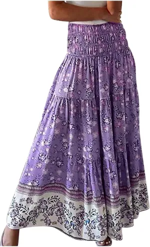 A Line Maxi Dress for Women Summer Drawstring Elastic High Waisted Skirts Elegant 3-Layer Tiered Ruched Long Skirt