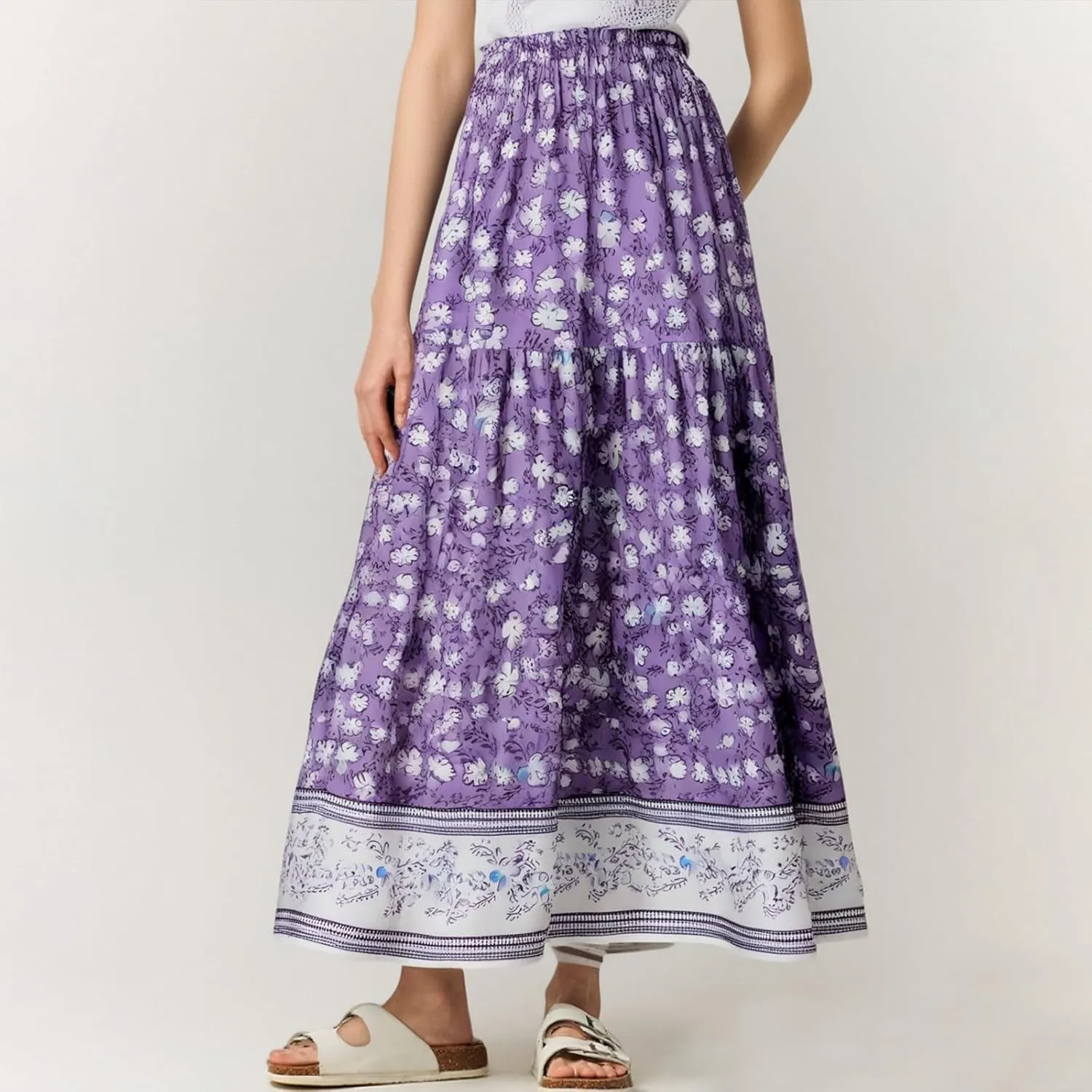 A Line Maxi Dress for Women Summer Drawstring Elastic High Waisted Skirts Elegant 3-Layer Tiered Ruched Long Skirt
