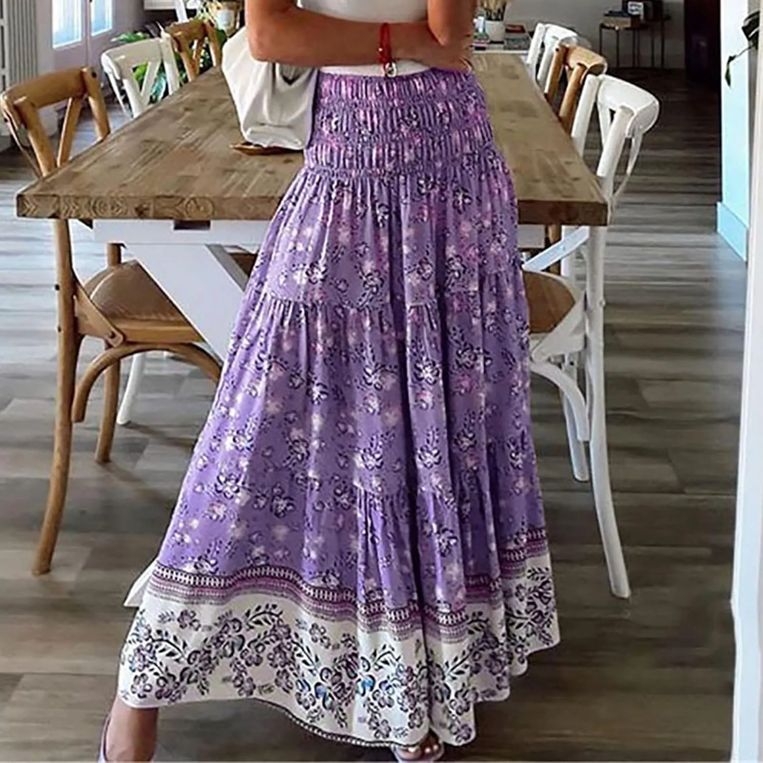 A Line Maxi Dress for Women Summer Drawstring Elastic High Waisted Skirts Elegant 3-Layer Tiered Ruched Long Skirt