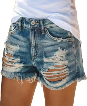 Andongnywell Jean Shorts for Women High Waisted Summer Casual Distressed Stretchy Denim Long Shorts Ripped Raw Hem Shorts
