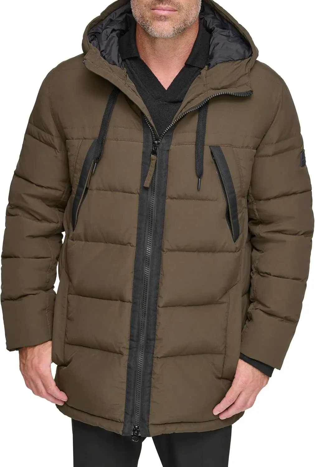 Andrew Marc Men's Water Resistant Hubble Crinkle Down Jacket with Removable Faux Fur Hood
