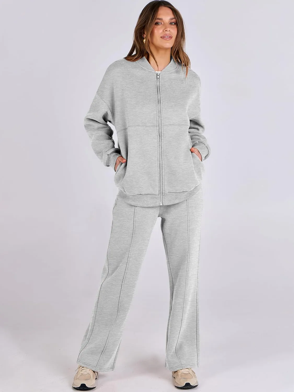 ANRABESS Women 2 Piece Outfits Lounge Set Oversized Zip Up Sweatshirt Jacket Sweatpant Matching Sweat Sets Winter Sweatsuits