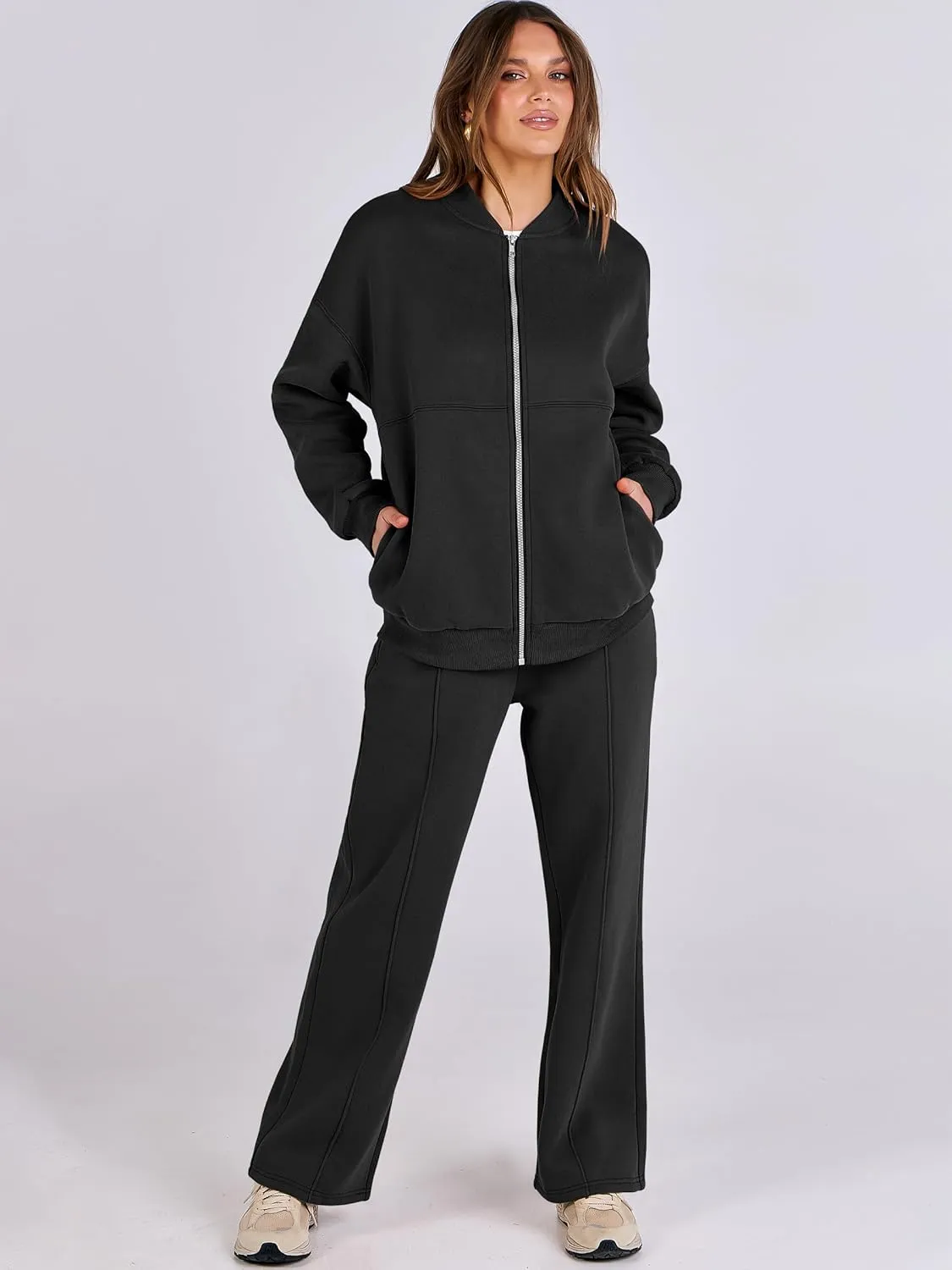 ANRABESS Women 2 Piece Outfits Lounge Set Oversized Zip Up Sweatshirt Jacket Sweatpant Matching Sweat Sets Winter Sweatsuits