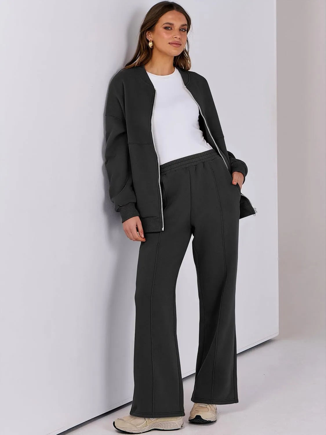 ANRABESS Women 2 Piece Outfits Lounge Set Oversized Zip Up Sweatshirt Jacket Sweatpant Matching Sweat Sets Winter Sweatsuits