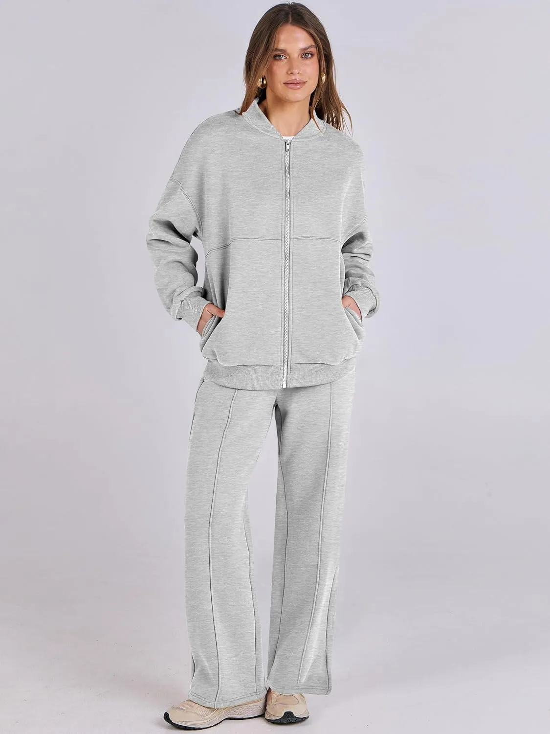 ANRABESS Women 2 Piece Outfits Lounge Set Oversized Zip Up Sweatshirt Jacket Sweatpant Matching Sweat Sets Winter Sweatsuits