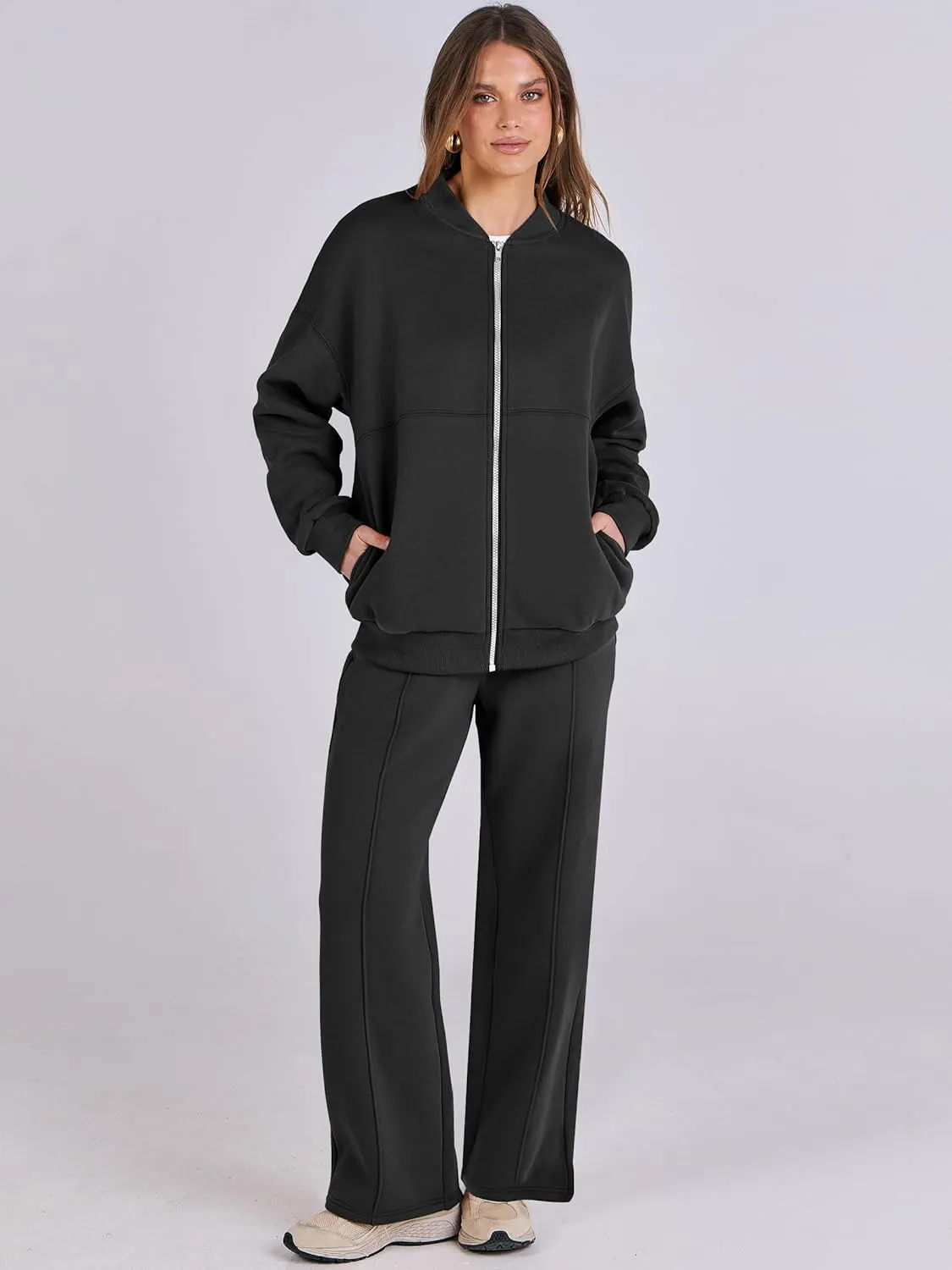 ANRABESS Women 2 Piece Outfits Lounge Set Oversized Zip Up Sweatshirt Jacket Sweatpant Matching Sweat Sets Winter Sweatsuits