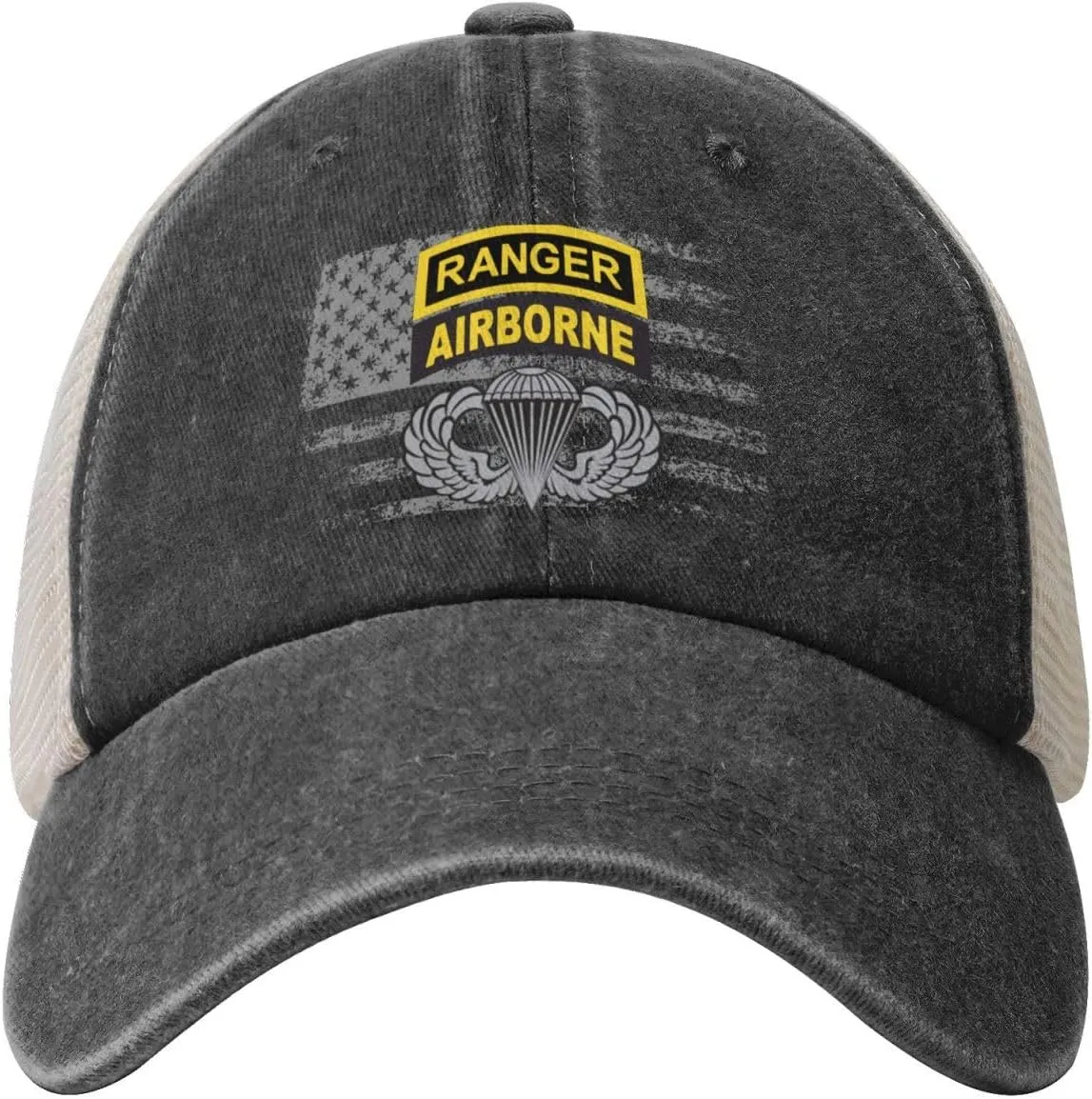 Army Ranger Tab Airborne and Wings Denim Trucker Hat Mesh Baseball Cap for Men Cowboy Dad Black