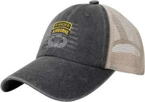 Army Ranger Tab Airborne and Wings Denim Trucker Hat Mesh Baseball Cap for Men Cowboy Dad Black
