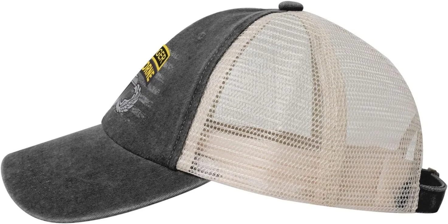 Army Ranger Tab Airborne and Wings Denim Trucker Hat Mesh Baseball Cap for Men Cowboy Dad Black
