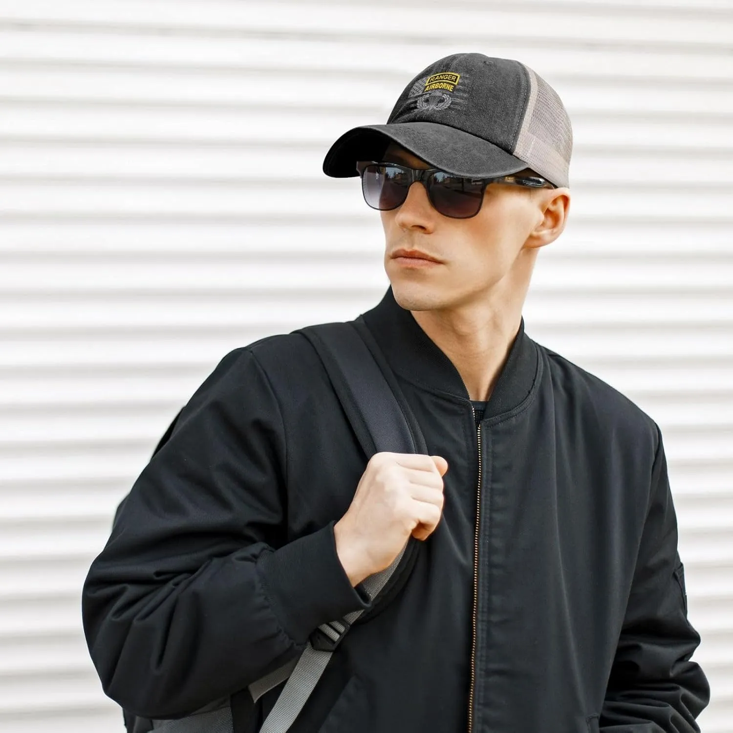 Army Ranger Tab Airborne and Wings Denim Trucker Hat Mesh Baseball Cap for Men Cowboy Dad Black