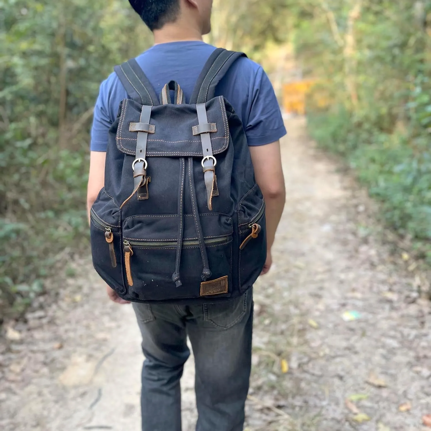 AUGUR High Capacity Canvas Vintage Backpack - for Hiking Travel 12-15" Laptop Backapcks for Men Casual Daypacks School bag Rucksack (M-Black)