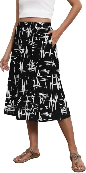 Beach Skirts for Women Drawstring Elastic Waist Summer Midi Skirt A Line Smocked Skirts Knee Length with Pockets