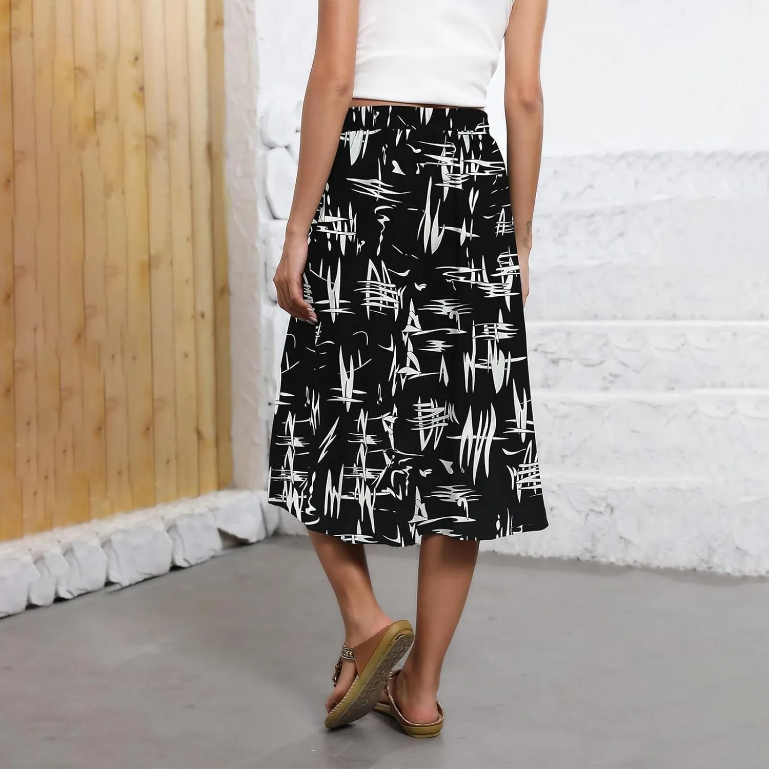Beach Skirts for Women Drawstring Elastic Waist Summer Midi Skirt A Line Smocked Skirts Knee Length with Pockets