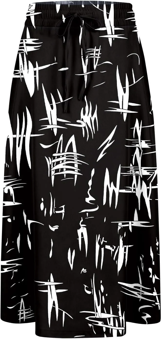 Beach Skirts for Women Drawstring Elastic Waist Summer Midi Skirt A Line Smocked Skirts Knee Length with Pockets