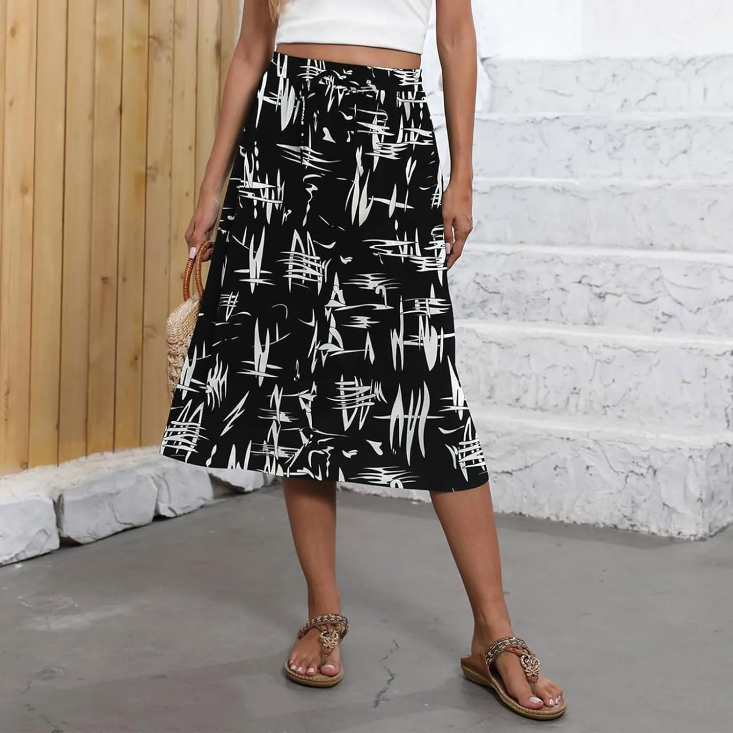 Beach Skirts for Women Drawstring Elastic Waist Summer Midi Skirt A Line Smocked Skirts Knee Length with Pockets