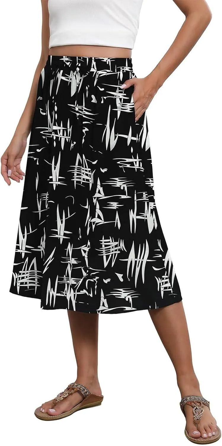 Beach Skirts for Women Drawstring Elastic Waist Summer Midi Skirt A Line Smocked Skirts Knee Length with Pockets