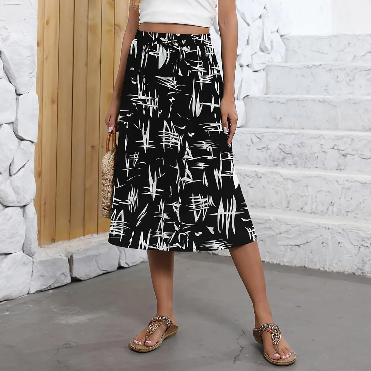 Beach Skirts for Women Drawstring Elastic Waist Summer Midi Skirt A Line Smocked Skirts Knee Length with Pockets