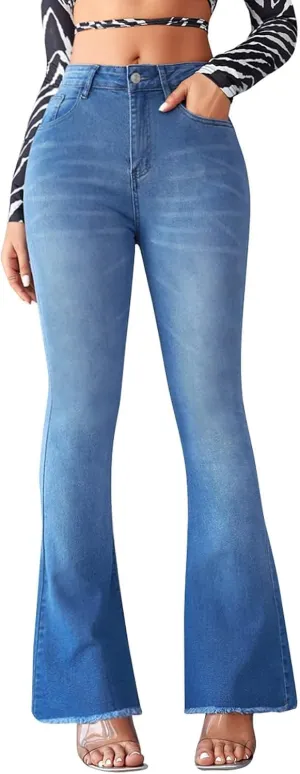 Bell Bottom Jeans for Women Ripped Skinny Bell Bottom Ladies Elastic Skinny Flared Raw Hem Flare Denim Pants