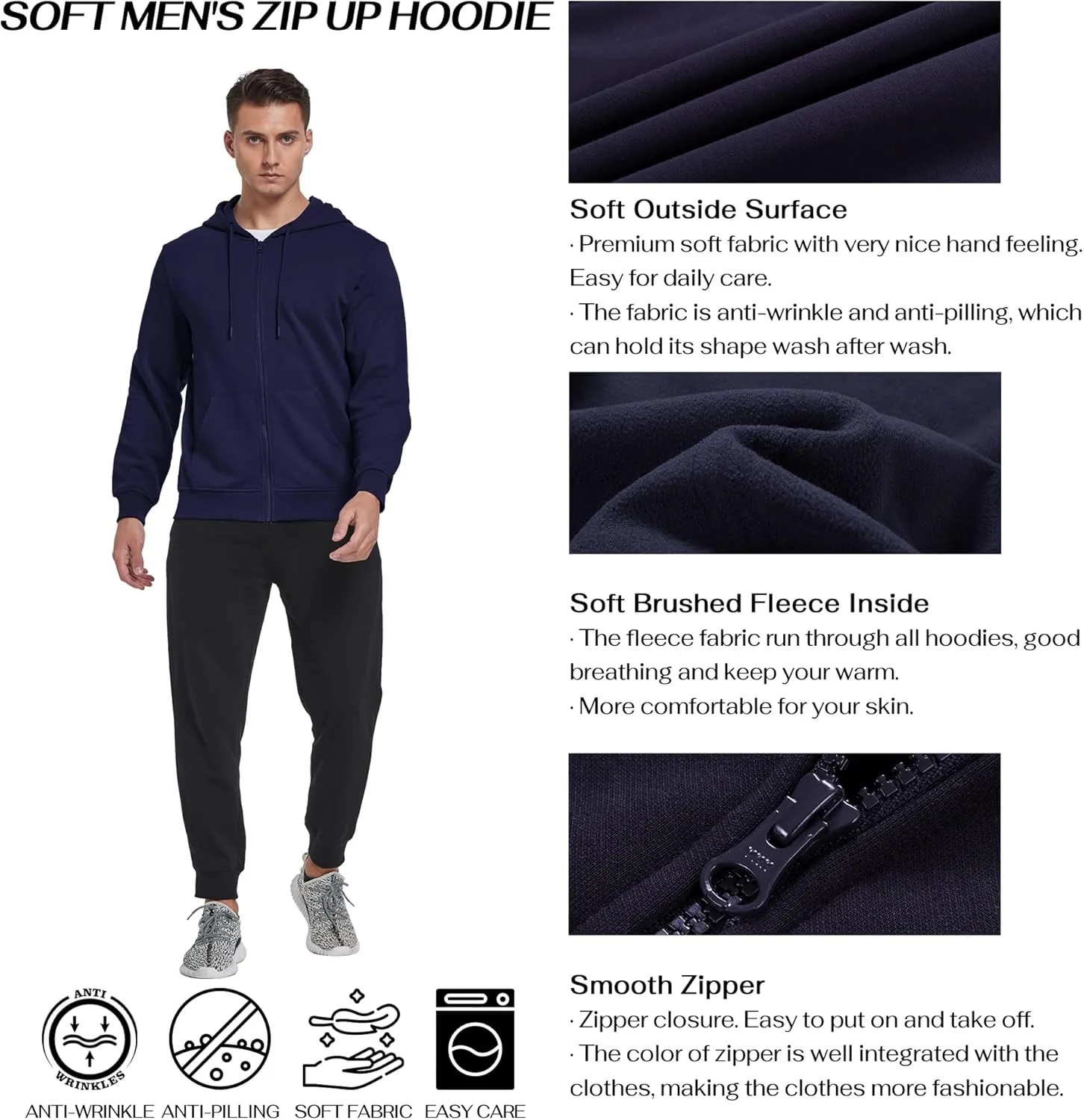 BETTERCHIC Men's Hooded Sweatshirt Athletic Soft Brushed Fleece Hoody Drawstring Full Zip Up Hoodie Size S-3XL