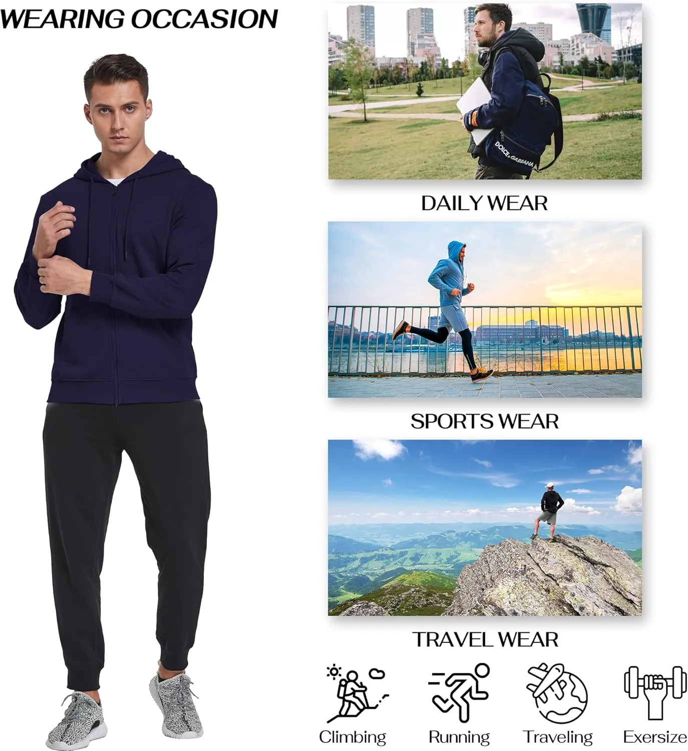 BETTERCHIC Men's Hooded Sweatshirt Athletic Soft Brushed Fleece Hoody Drawstring Full Zip Up Hoodie Size S-3XL