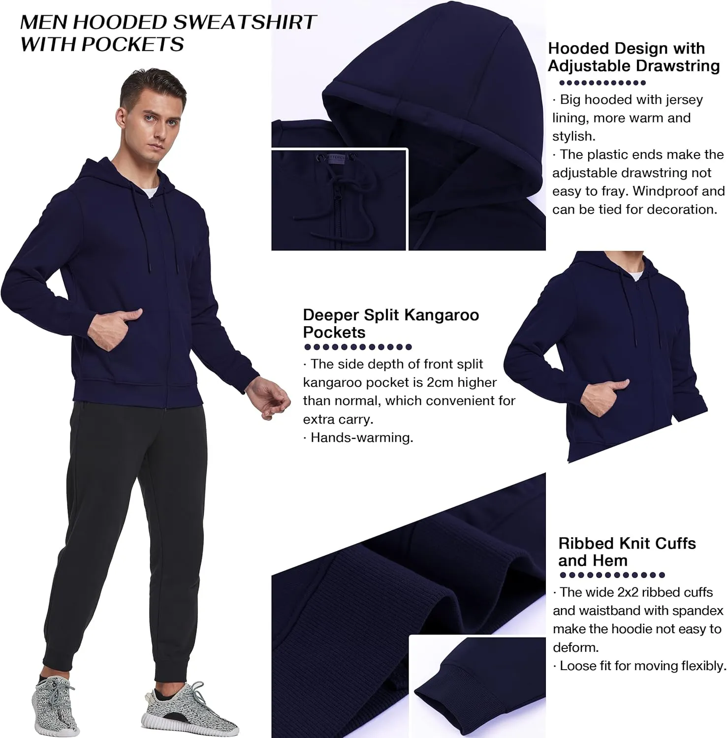 BETTERCHIC Men's Hooded Sweatshirt Athletic Soft Brushed Fleece Hoody Drawstring Full Zip Up Hoodie Size S-3XL