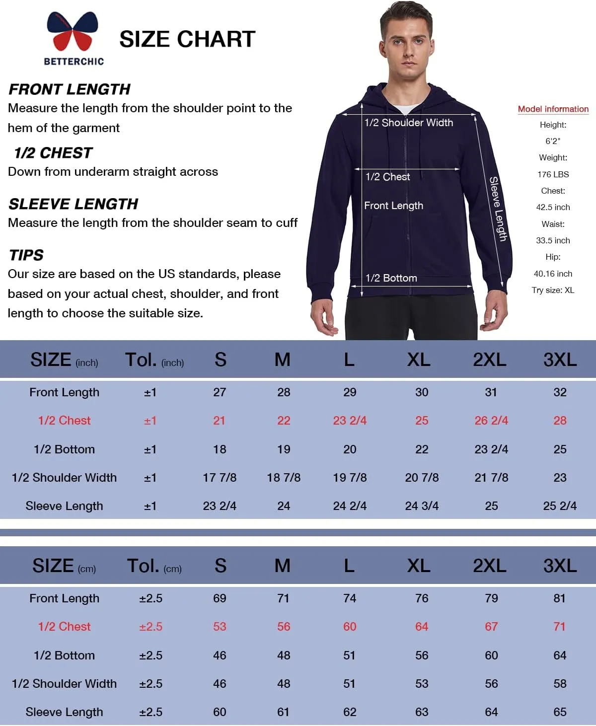 BETTERCHIC Men's Hooded Sweatshirt Athletic Soft Brushed Fleece Hoody Drawstring Full Zip Up Hoodie Size S-3XL
