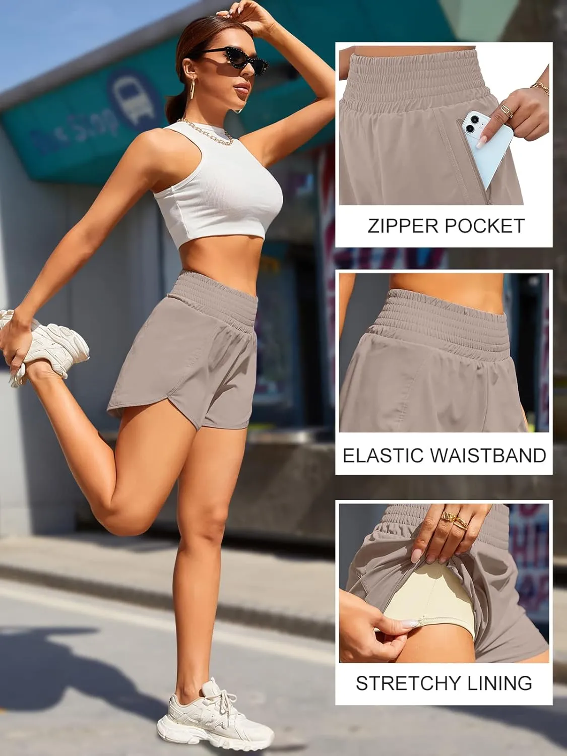 BMJL Women's Athletic Shorts High Waisted Running Shorts Pocket Sporty Short Gym Elastic Workout Shorts