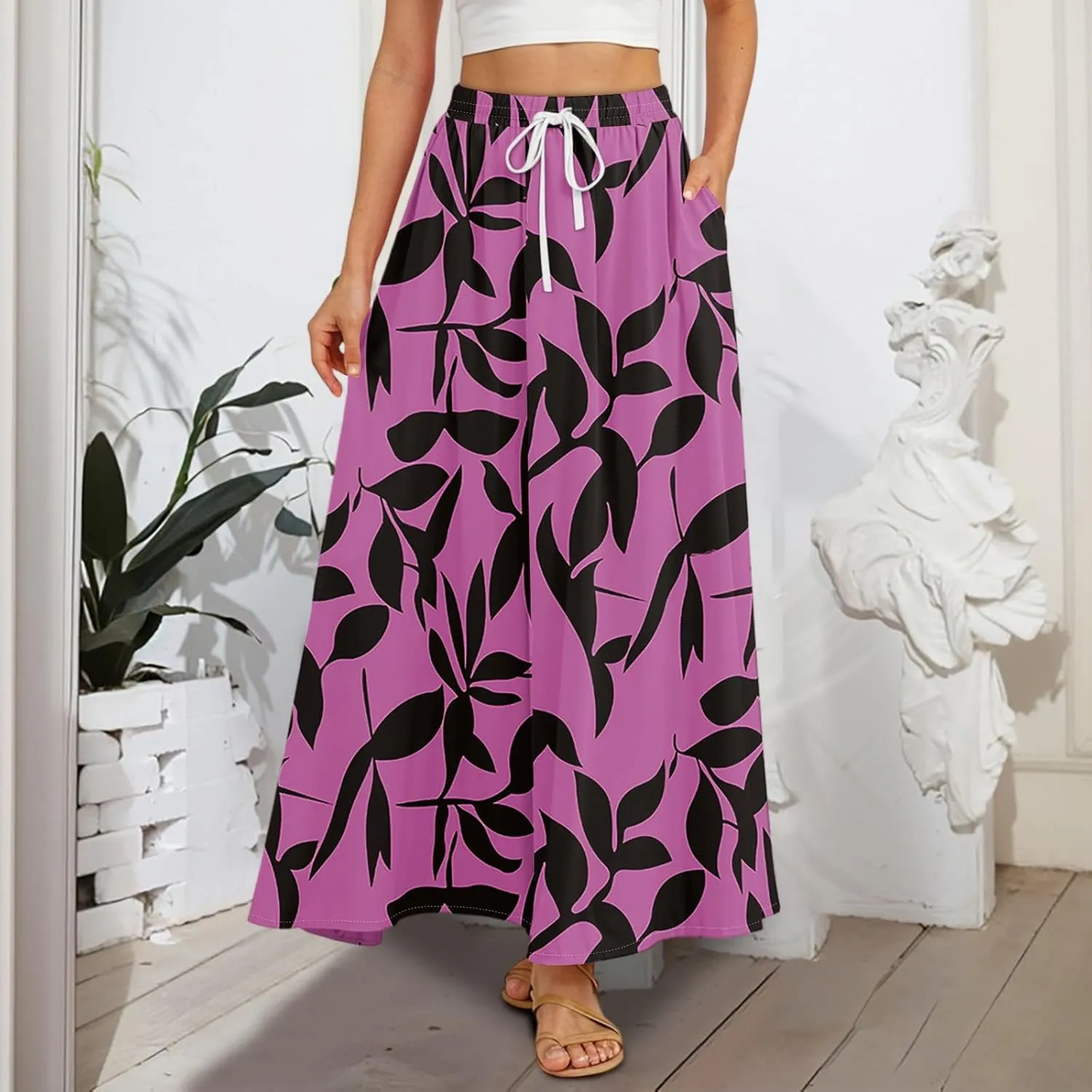 Boho Maxi Skirt for Women Summer Elastic High Waisted Casual Skirts Pleated A-Line Skirts Work Skirt Long with Pockets