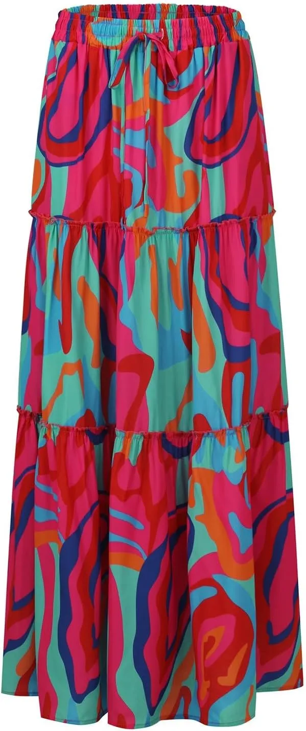 Boho Maxi Skirts for Women Summer Tiered Elastic Casual Skirt Smocked A Line Skirts Work Long Skirt Y2K with Pockets