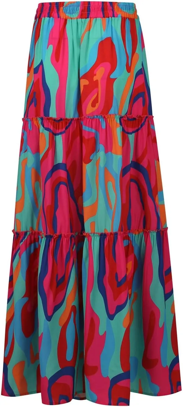 Boho Maxi Skirts for Women Summer Tiered Elastic Casual Skirt Smocked A Line Skirts Work Long Skirt Y2K with Pockets
