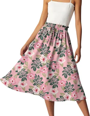 Boho Midi Skirts for Women Summer Drawstring High Waisted Knee Length Skirts A-Line Floral Print Flowy Beach Skirt