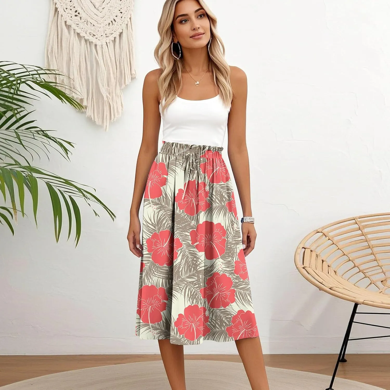 Boho Midi Skirts for Women Summer Drawstring High Waisted Knee Length Skirts A-Line Floral Print Flowy Beach Skirt