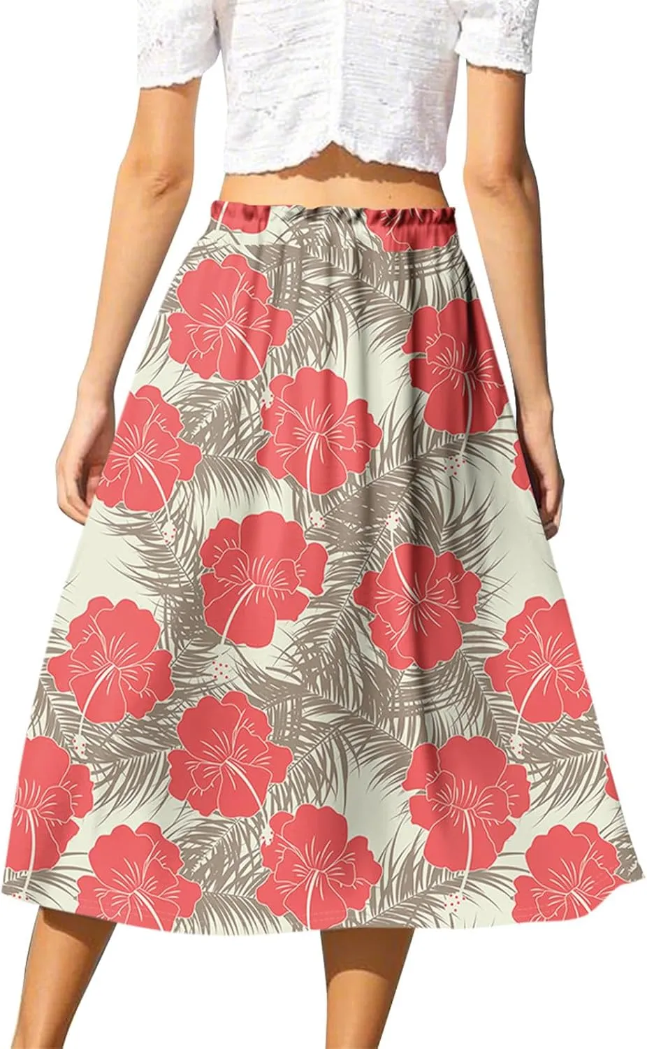 Boho Midi Skirts for Women Summer Drawstring High Waisted Knee Length Skirts A-Line Floral Print Flowy Beach Skirt
