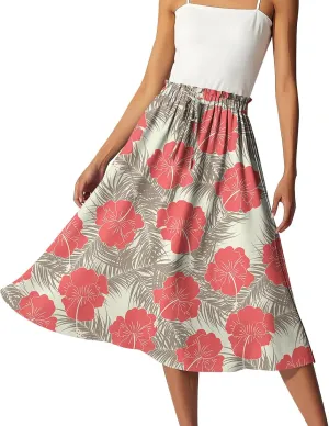 Boho Midi Skirts for Women Summer Drawstring High Waisted Knee Length Skirts A-Line Floral Print Flowy Beach Skirt