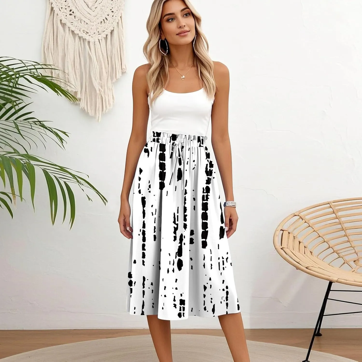 Boho Midi Skirts for Women Summer Drawstring High Waisted Knee Length Skirts A-Line Floral Print Flowy Beach Skirt