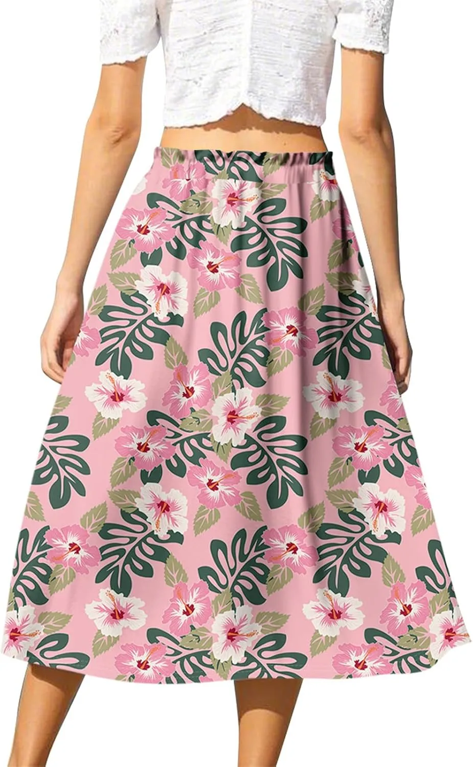Boho Midi Skirts for Women Summer Drawstring High Waisted Knee Length Skirts A-Line Floral Print Flowy Beach Skirt