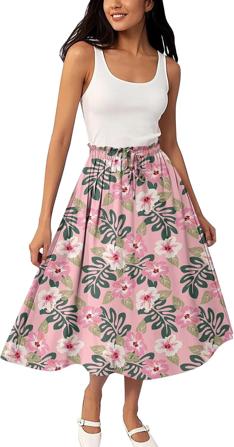 Boho Midi Skirts for Women Summer Drawstring High Waisted Knee Length Skirts A-Line Floral Print Flowy Beach Skirt