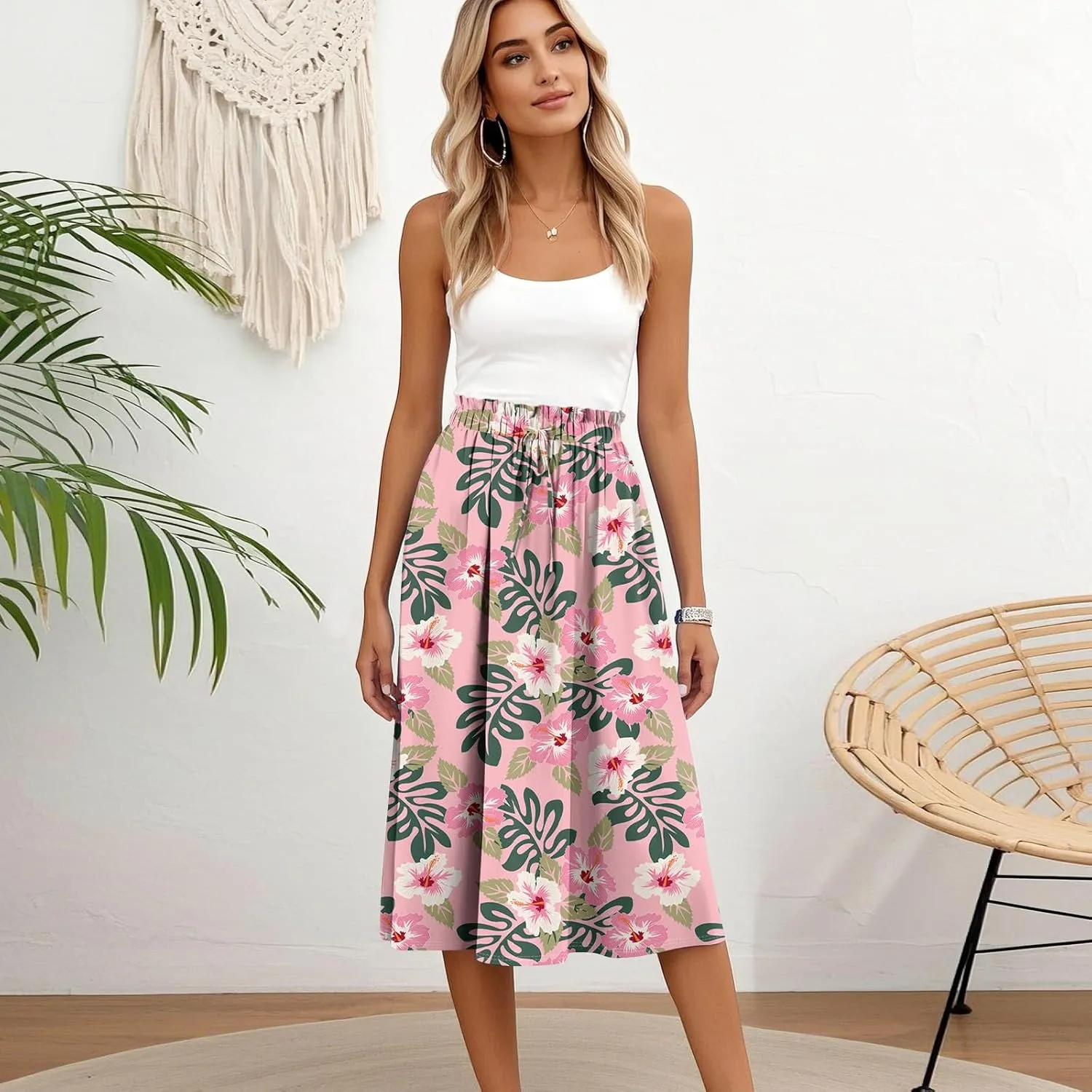 Boho Midi Skirts for Women Summer Drawstring High Waisted Knee Length Skirts A-Line Floral Print Flowy Beach Skirt