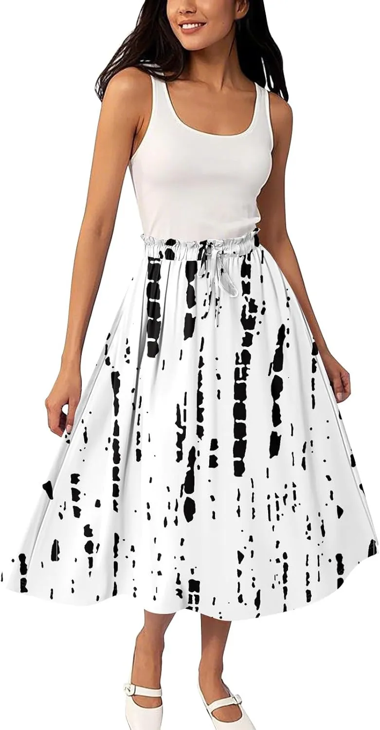 Boho Midi Skirts for Women Summer Drawstring High Waisted Knee Length Skirts A-Line Floral Print Flowy Beach Skirt