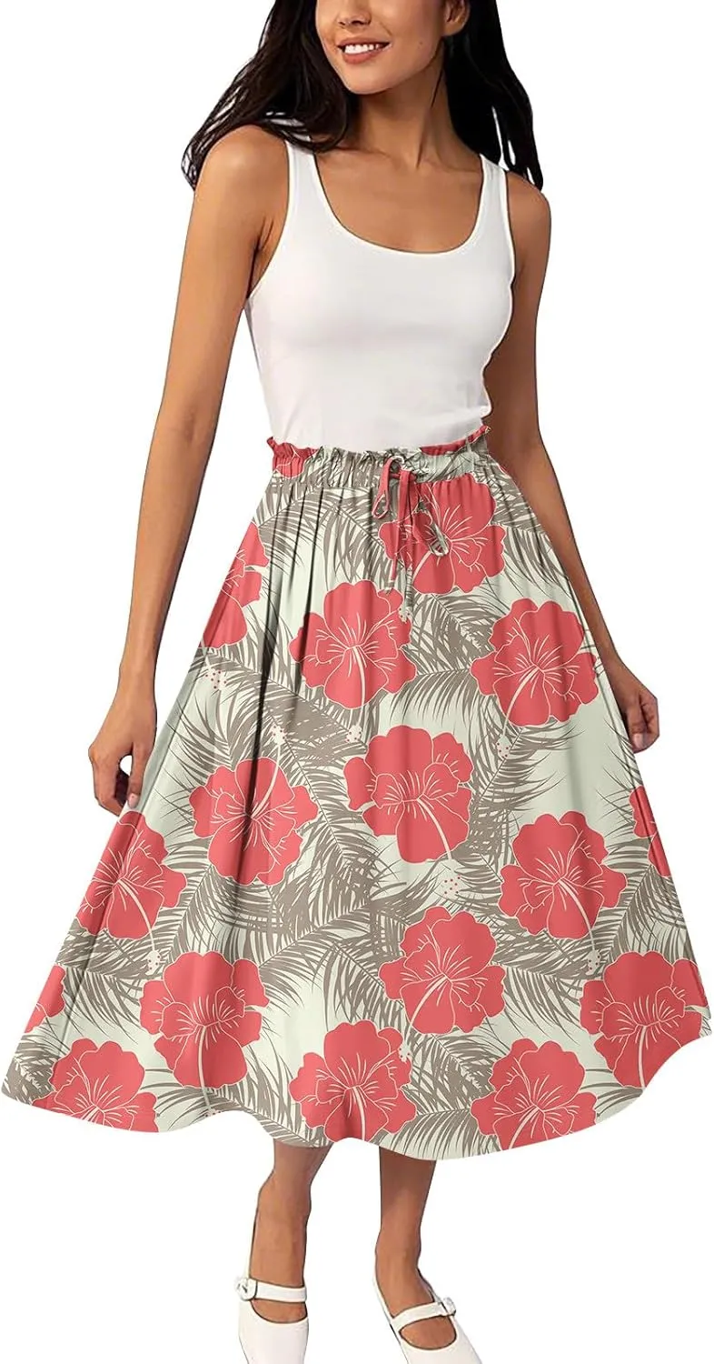 Boho Midi Skirts for Women Summer Drawstring High Waisted Knee Length Skirts A-Line Floral Print Flowy Beach Skirt