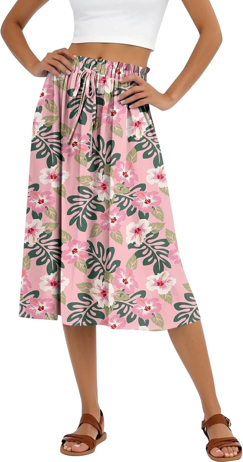 Boho Midi Skirts for Women Summer Drawstring High Waisted Knee Length Skirts A-Line Floral Print Flowy Beach Skirt