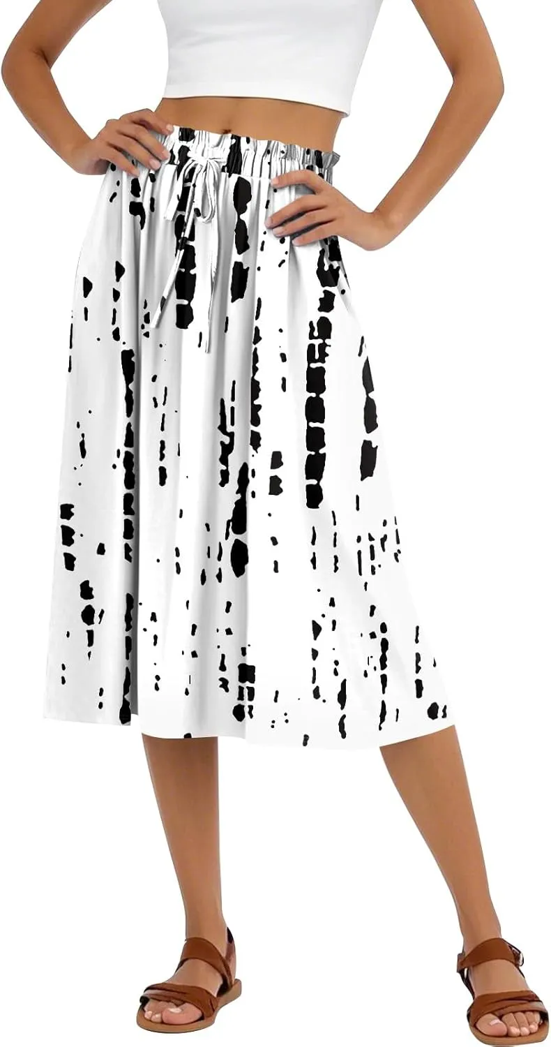 Boho Midi Skirts for Women Summer Drawstring High Waisted Knee Length Skirts A-Line Floral Print Flowy Beach Skirt