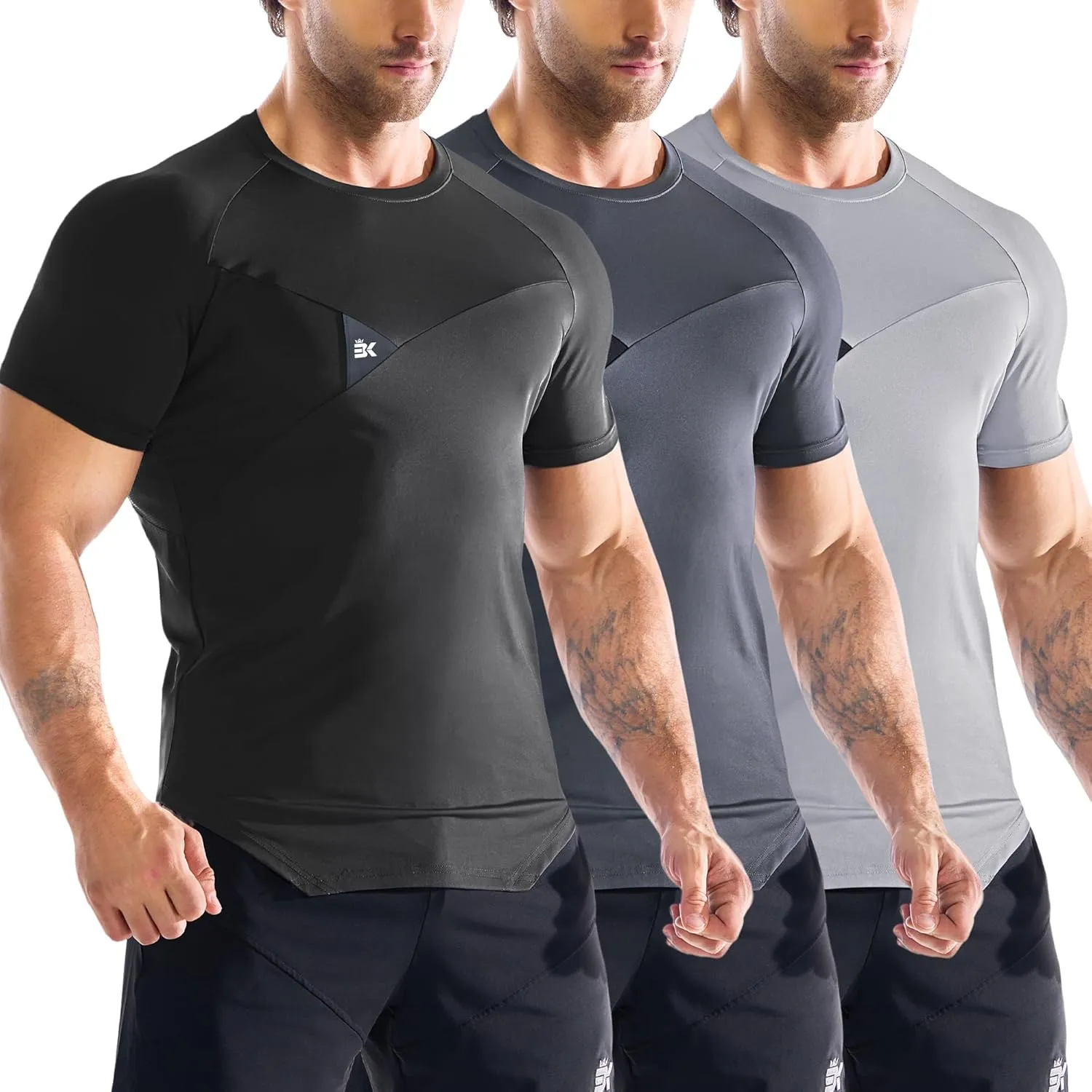 BROKIG 3 Pack Men's Irregular Gym Shirts Quick Dry Sun Protection Workout Athletic Muscle T Shirt Short Sleeve