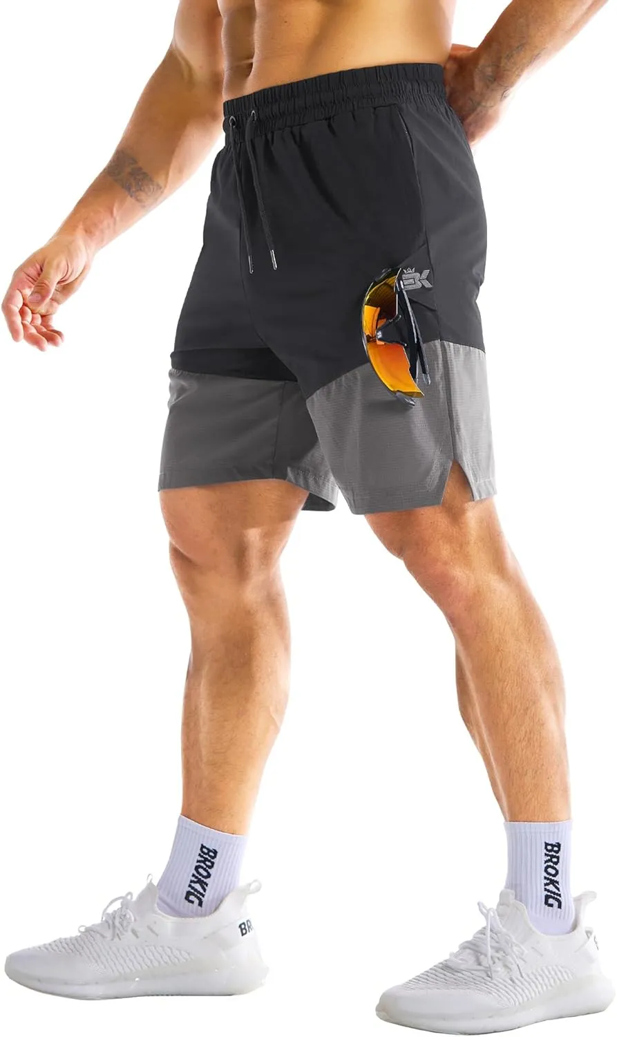 BROKIG Men's Airleg Athletic Shorts with Zipper Pockets 8" Nylon Basketball Shorts Men Quick Dry Lightweight