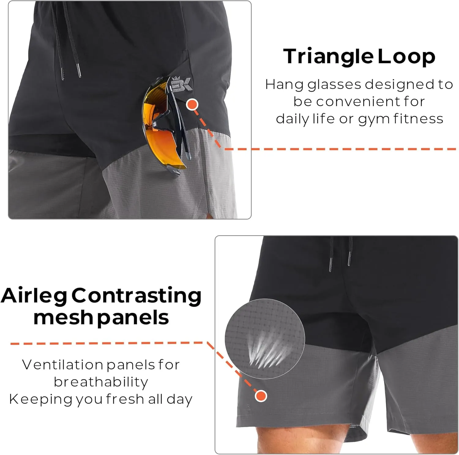 BROKIG Men's Airleg Athletic Shorts with Zipper Pockets 8" Nylon Basketball Shorts Men Quick Dry Lightweight