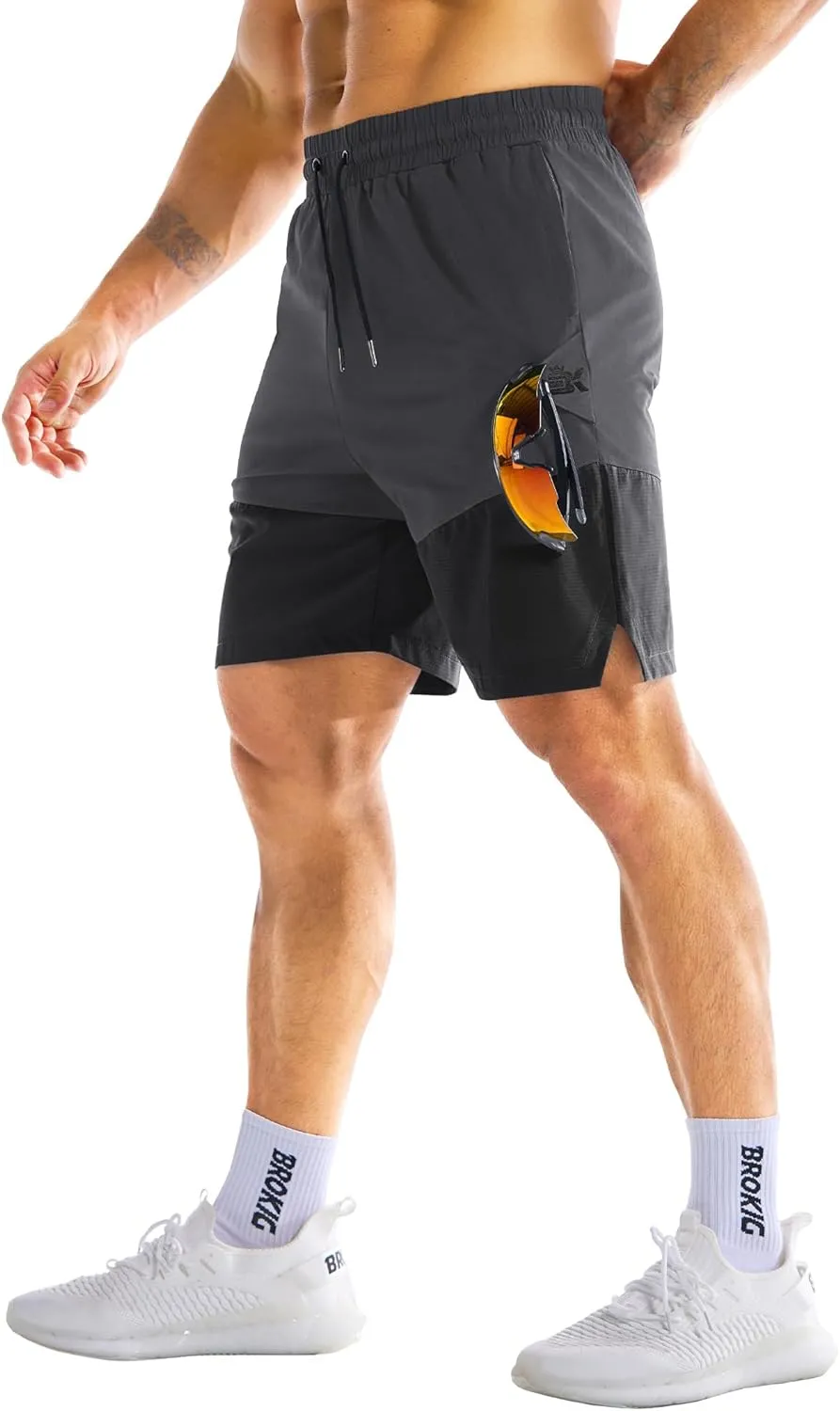 BROKIG Men's Airleg Athletic Shorts with Zipper Pockets 8" Nylon Basketball Shorts Men Quick Dry Lightweight