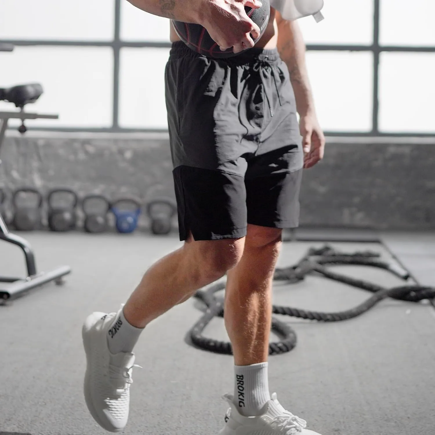 BROKIG Men's Airleg Athletic Shorts with Zipper Pockets 8" Nylon Basketball Shorts Men Quick Dry Lightweight