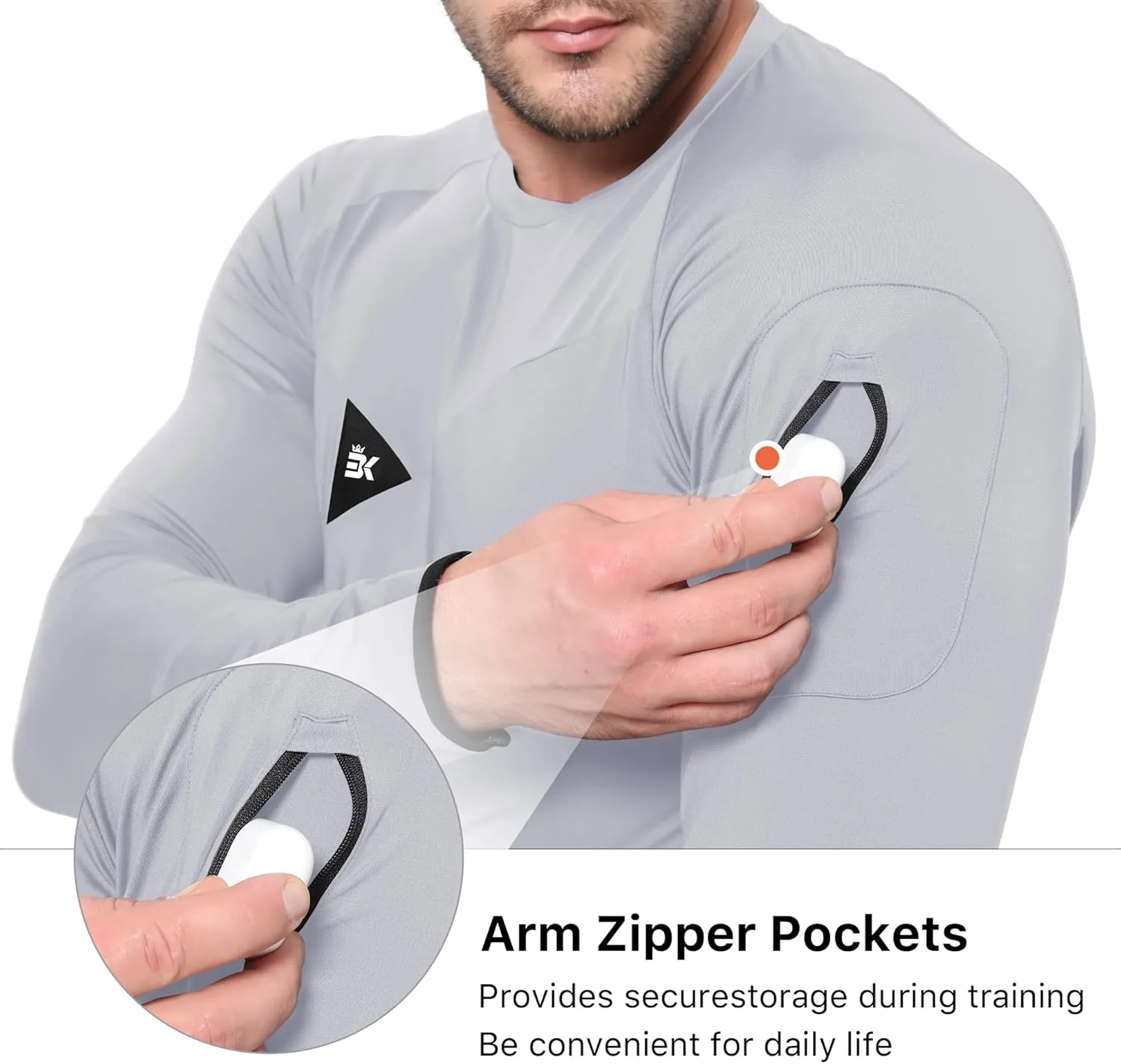 BROKIG Men's Armzip Long Sleeve Running Shirts Quick Dry Sun Protection UV UPF 50  Jogging T Shirts Zip Pocket Gym Workout