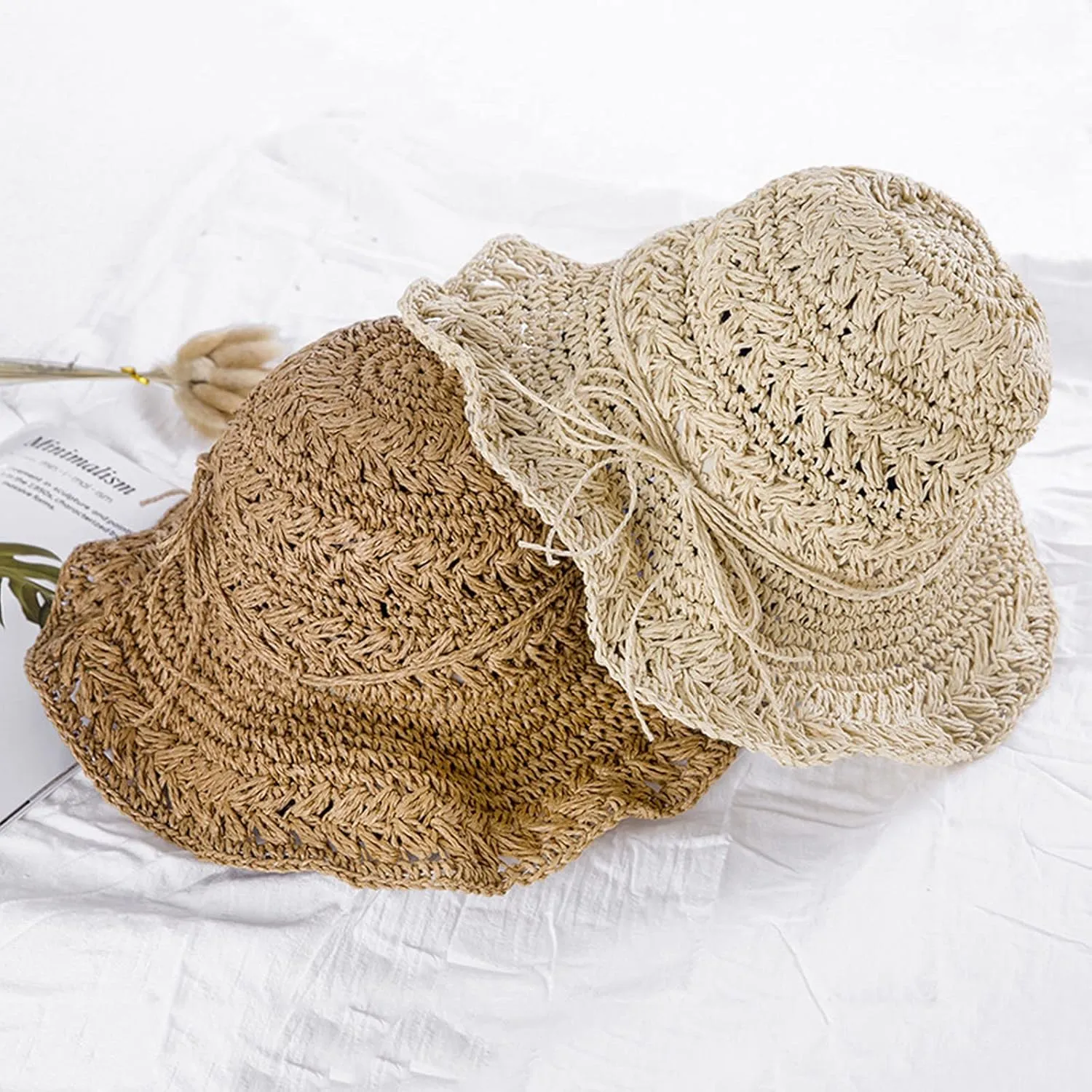 Canvas Hiking Hat Sun Straw Hats for Women Foldable Floppy Beach Summer Hat Oversized Weave Wide Brim Bowknot